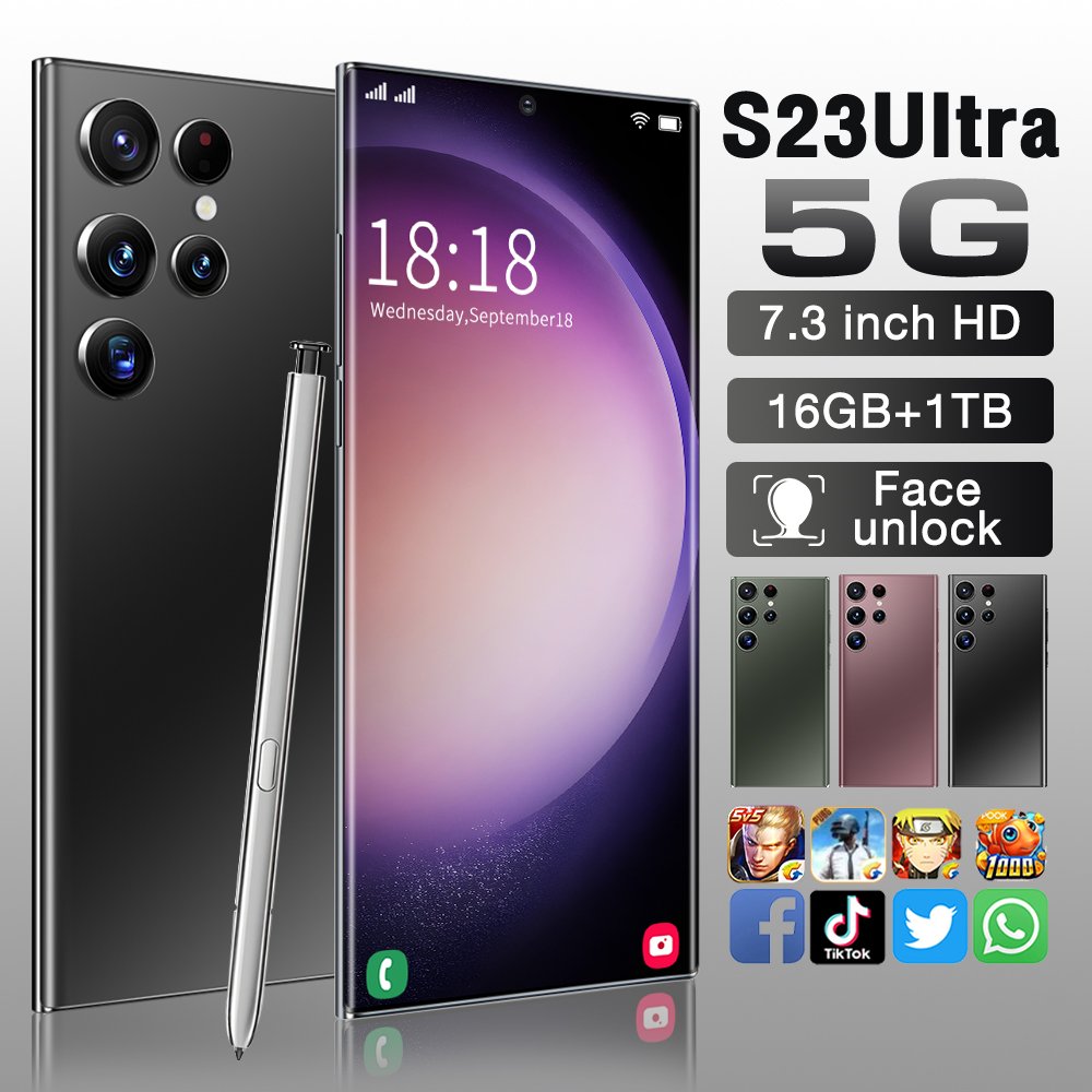 Hot sell S23 Ultra Android 5g Smartphone 7.3 inch 16GB+1TB Version cellphone Dual SIM card Wholesale Mobile phones